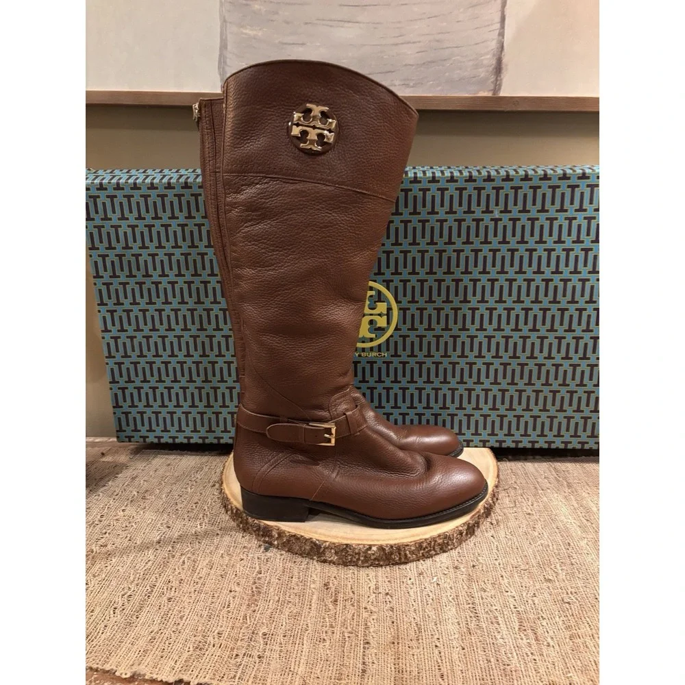 Tory Burch Adeline Almond Leather Gold Logo Buckle Knee High Riding Boots Sz-9.5